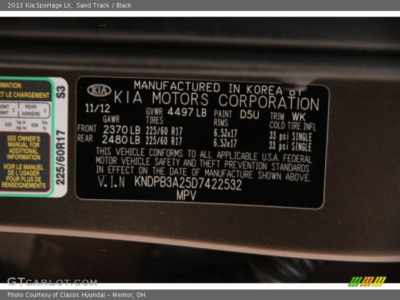 Sand Track / Black 2013 Kia Sportage LX