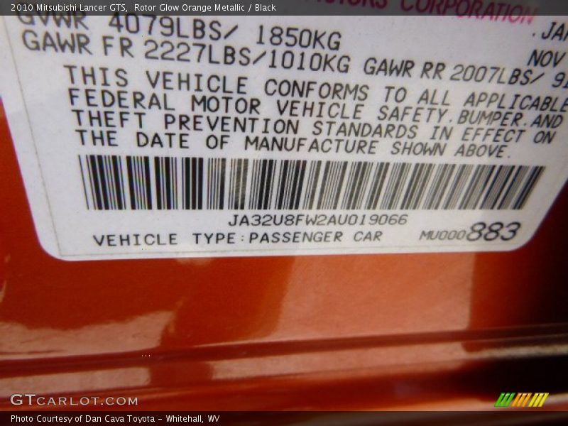 Rotor Glow Orange Metallic / Black 2010 Mitsubishi Lancer GTS