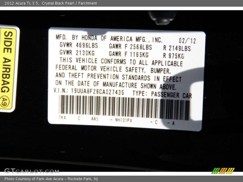 Crystal Black Pearl / Parchment 2012 Acura TL 3.5