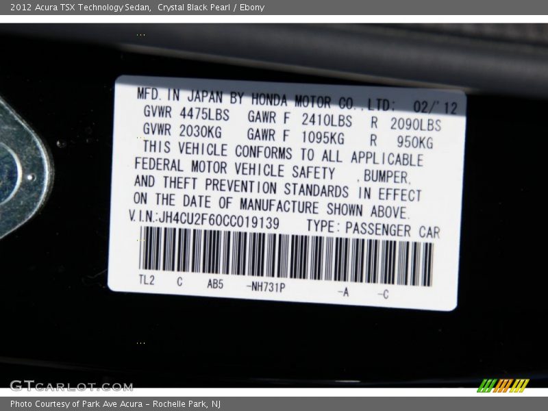Crystal Black Pearl / Ebony 2012 Acura TSX Technology Sedan