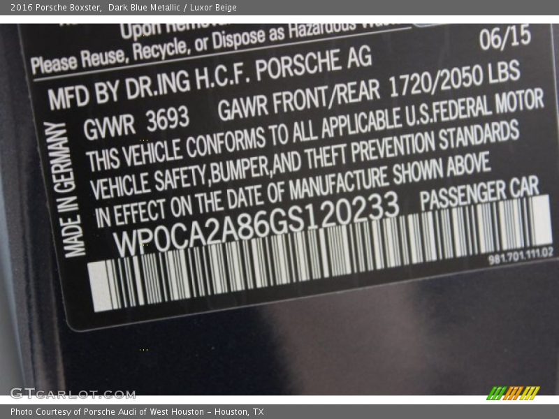 Dark Blue Metallic / Luxor Beige 2016 Porsche Boxster