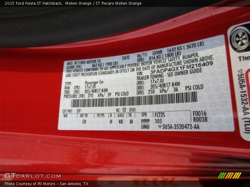 2015 Fiesta ST Hatchback Molten Orange Color Code UY