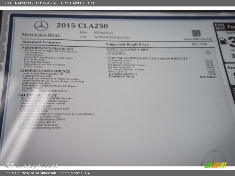 Cirrus White / Beige 2015 Mercedes-Benz CLA 250