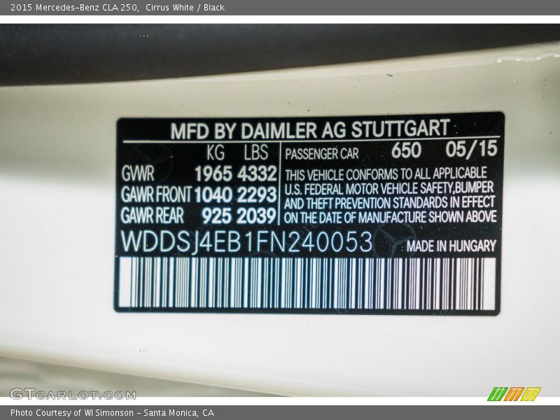 Cirrus White / Black 2015 Mercedes-Benz CLA 250