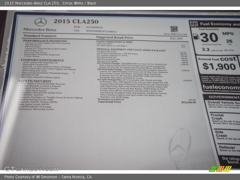 Cirrus White / Black 2015 Mercedes-Benz CLA 250