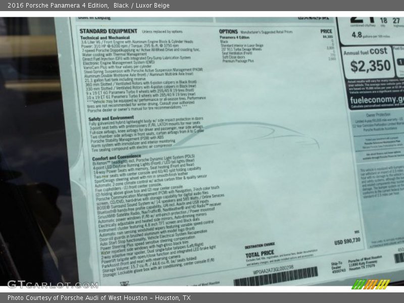  2016 Panamera 4 Edition Window Sticker
