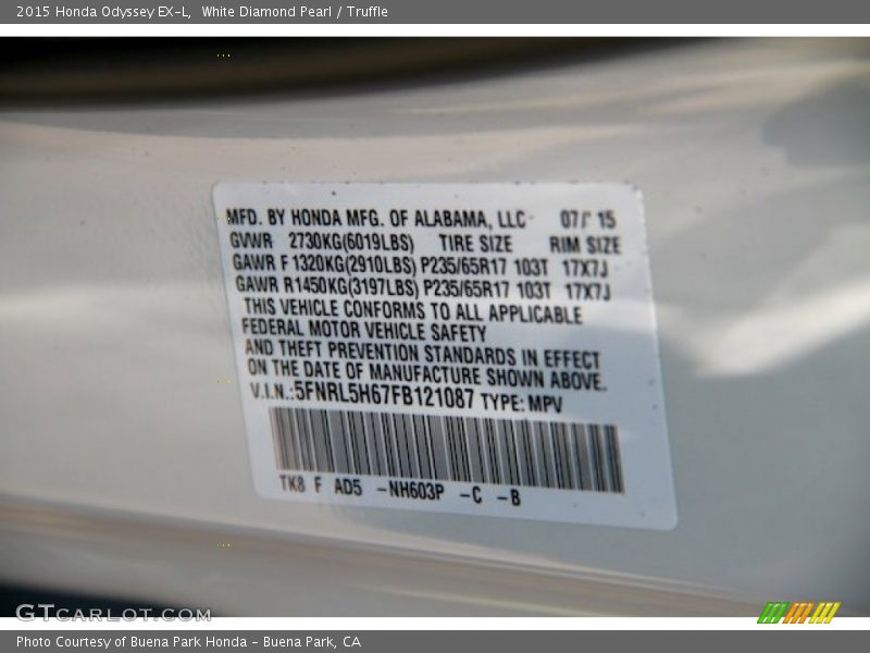 White Diamond Pearl / Truffle 2015 Honda Odyssey EX-L