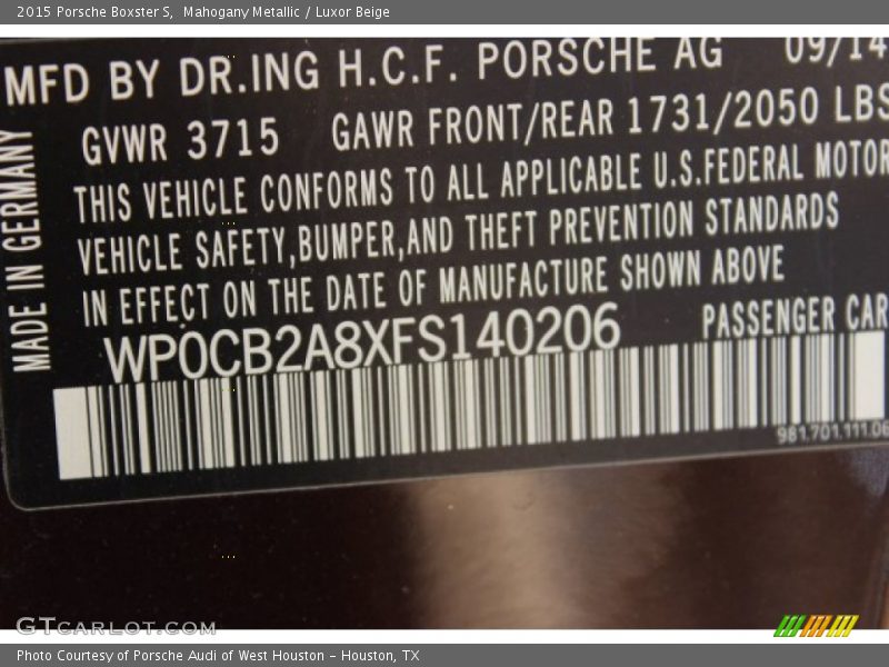 Mahogany Metallic / Luxor Beige 2015 Porsche Boxster S