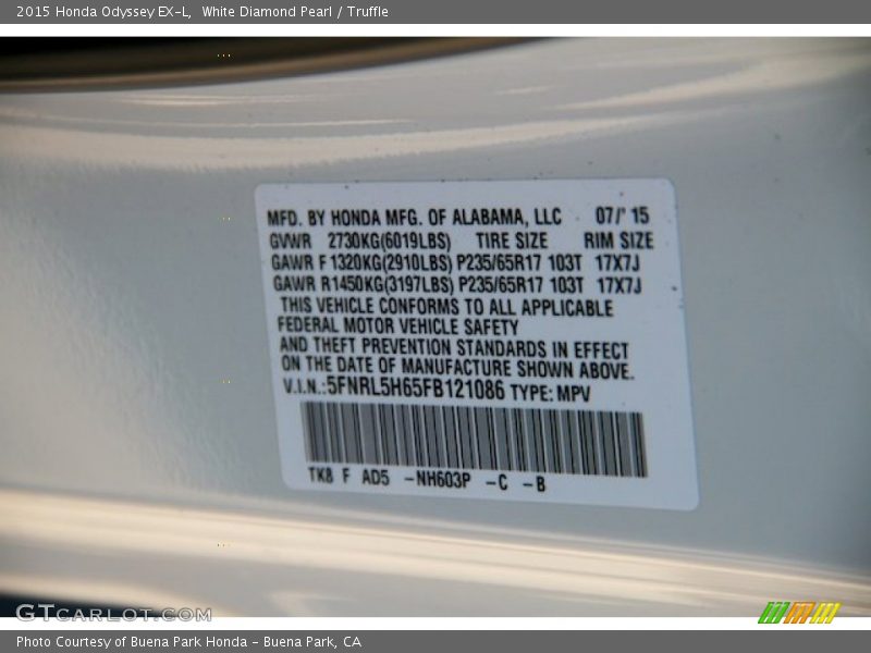 White Diamond Pearl / Truffle 2015 Honda Odyssey EX-L