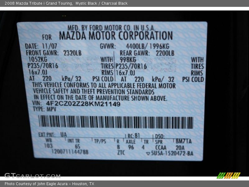 Mystic Black / Charcoal Black 2008 Mazda Tribute i Grand Touring
