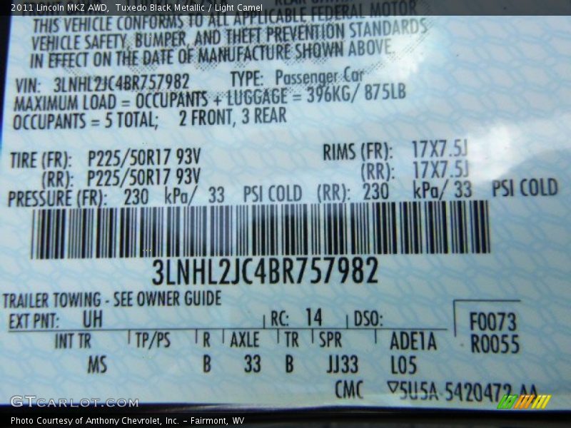 Tuxedo Black Metallic / Light Camel 2011 Lincoln MKZ AWD