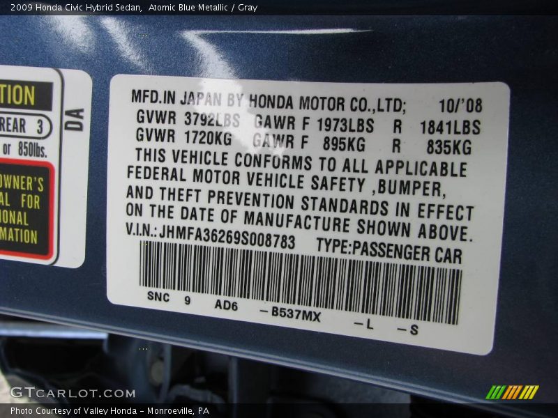 Atomic Blue Metallic / Gray 2009 Honda Civic Hybrid Sedan