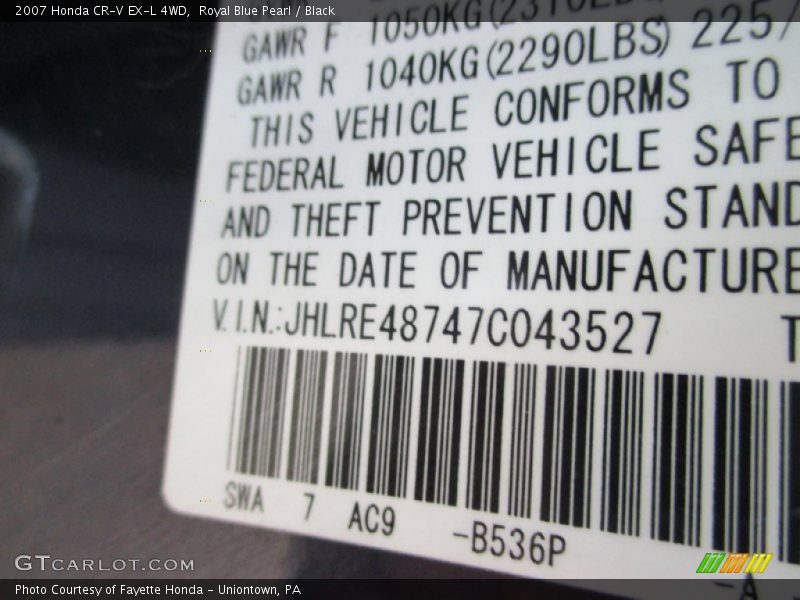 Royal Blue Pearl / Black 2007 Honda CR-V EX-L 4WD