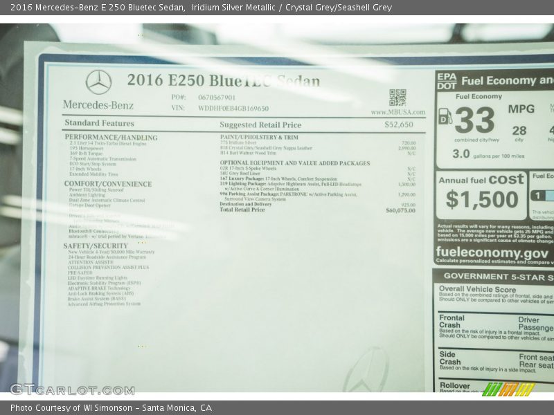  2016 E 250 Bluetec Sedan Window Sticker