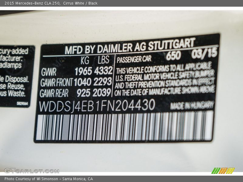Cirrus White / Black 2015 Mercedes-Benz CLA 250