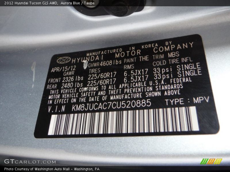 Aurora Blue / Taupe 2012 Hyundai Tucson GLS AWD