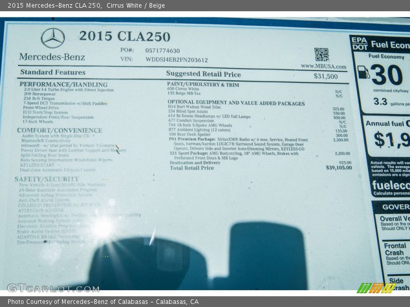 Cirrus White / Beige 2015 Mercedes-Benz CLA 250