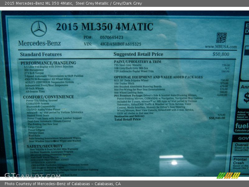 Steel Grey Metallic / Grey/Dark Grey 2015 Mercedes-Benz ML 350 4Matic