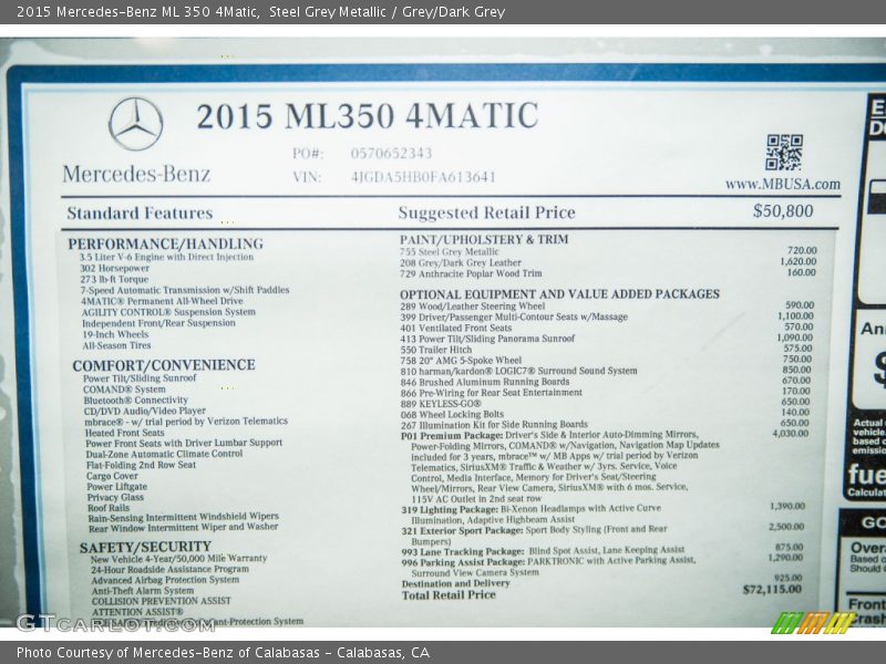  2015 ML 350 4Matic Window Sticker