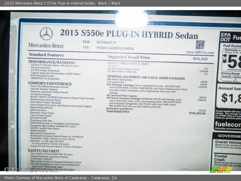  2015 S 550e Plug-In Hybrid Sedan Window Sticker