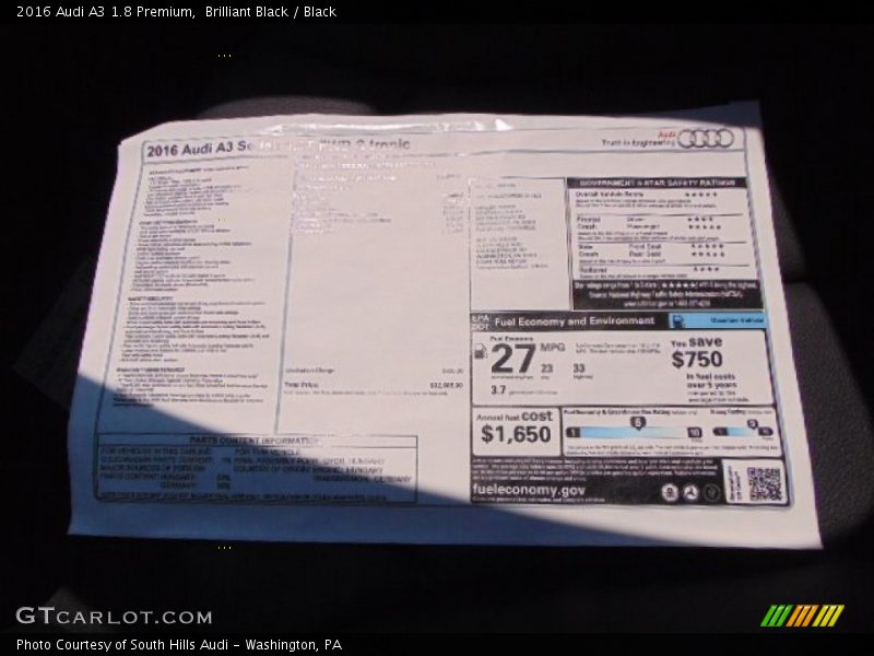 Brilliant Black / Black 2016 Audi A3 1.8 Premium