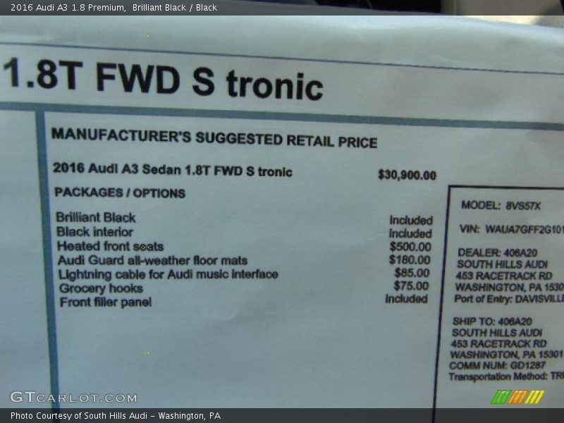  2016 A3 1.8 Premium Window Sticker