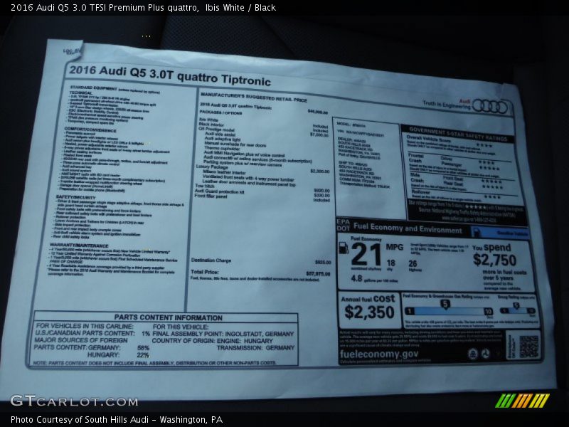  2016 Q5 3.0 TFSI Premium Plus quattro Window Sticker