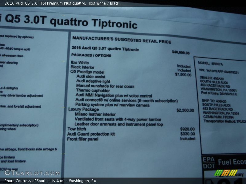  2016 Q5 3.0 TFSI Premium Plus quattro Window Sticker