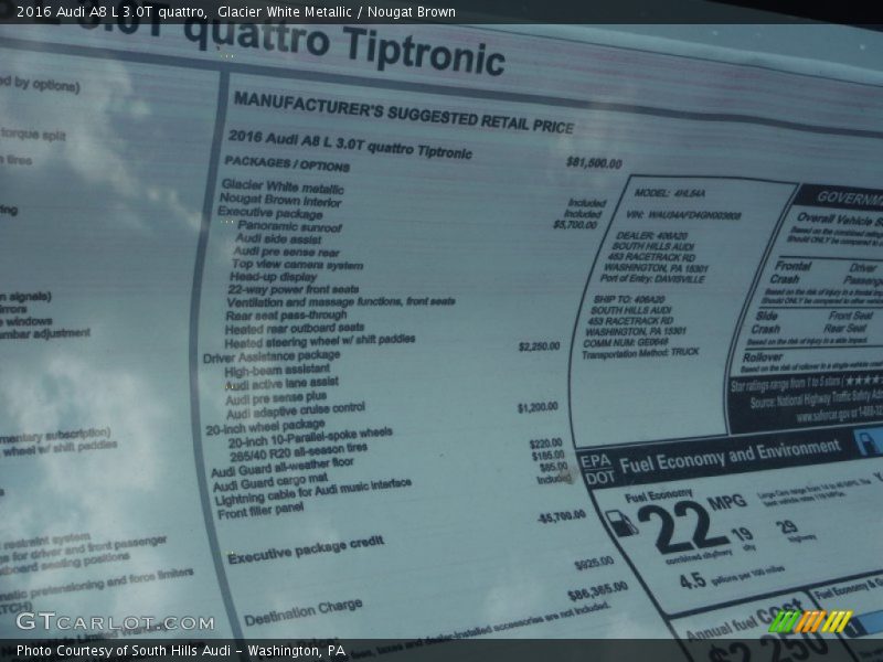  2016 A8 L 3.0T quattro Window Sticker