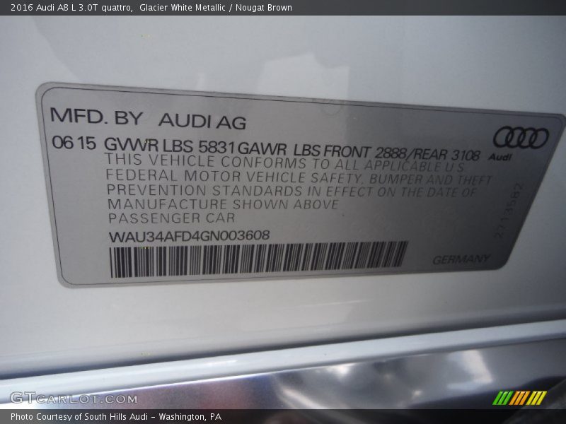 Glacier White Metallic / Nougat Brown 2016 Audi A8 L 3.0T quattro