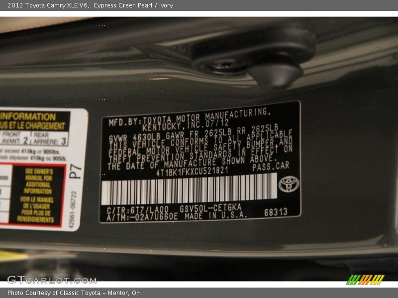 2012 Camry XLE V6 Cypress Green Pearl Color Code 6T7