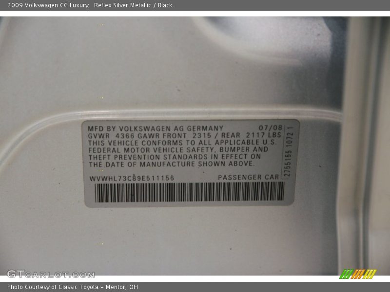 Reflex Silver Metallic / Black 2009 Volkswagen CC Luxury