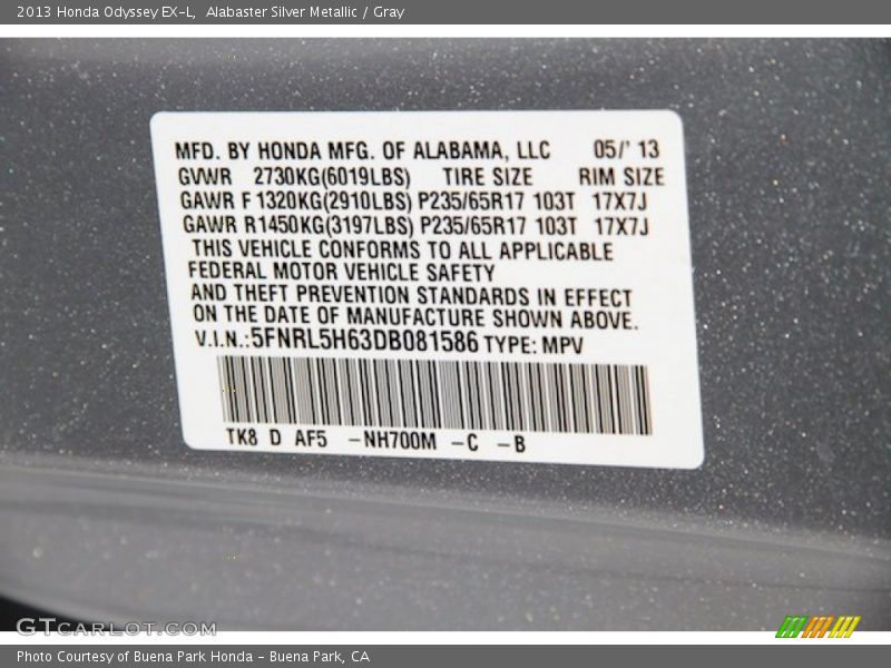 Alabaster Silver Metallic / Gray 2013 Honda Odyssey EX-L