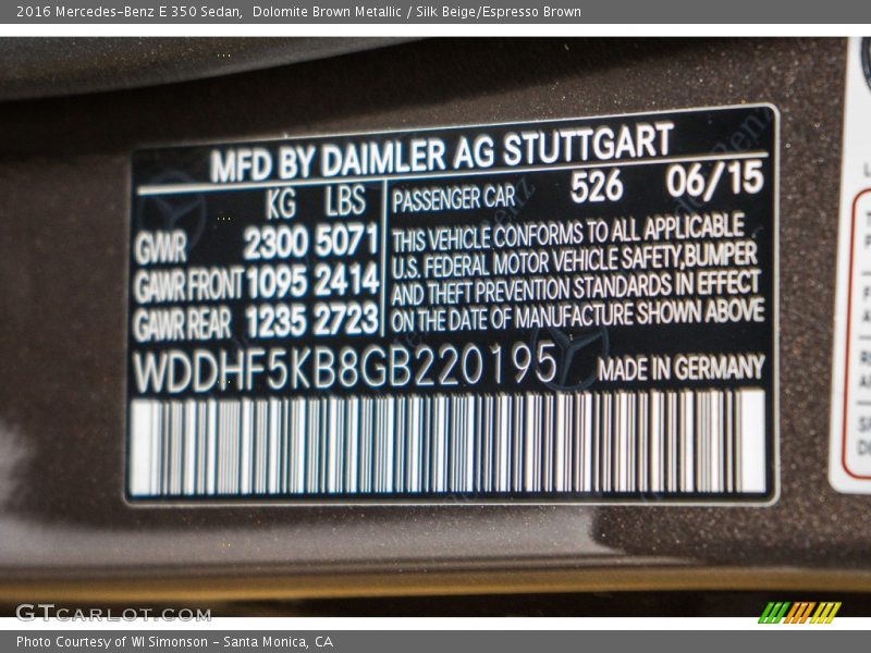 Dolomite Brown Metallic / Silk Beige/Espresso Brown 2016 Mercedes-Benz E 350 Sedan