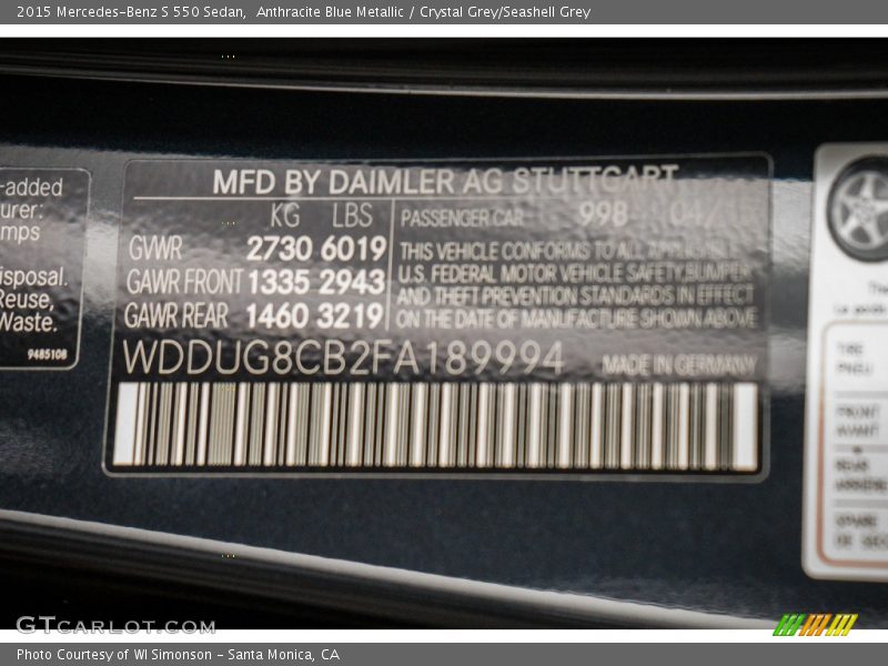 Anthracite Blue Metallic / Crystal Grey/Seashell Grey 2015 Mercedes-Benz S 550 Sedan