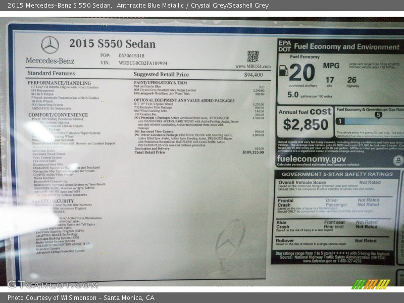 Anthracite Blue Metallic / Crystal Grey/Seashell Grey 2015 Mercedes-Benz S 550 Sedan