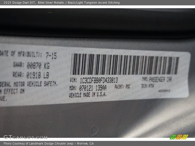 Billet Silver Metallic / Black/Light Tungsten Accent Stitching 2015 Dodge Dart SXT