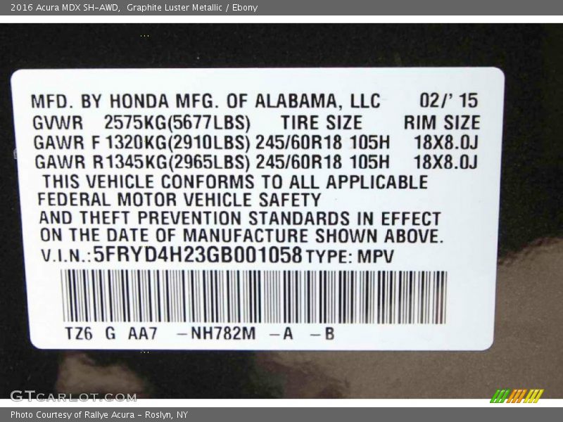 Graphite Luster Metallic / Ebony 2016 Acura MDX SH-AWD
