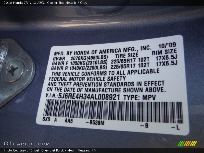 Glacier Blue Metallic / Gray 2010 Honda CR-V LX AWD