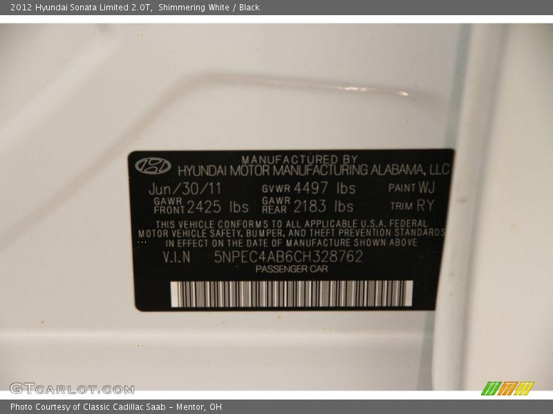 Shimmering White / Black 2012 Hyundai Sonata Limited 2.0T