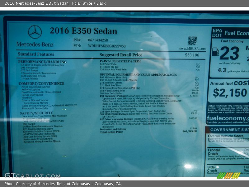  2016 E 350 Sedan Window Sticker