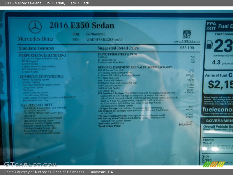  2016 E 350 Sedan Window Sticker