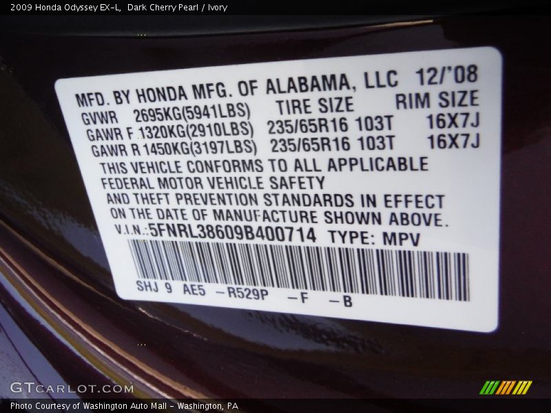 Dark Cherry Pearl / Ivory 2009 Honda Odyssey EX-L