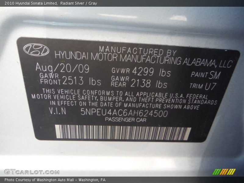 Radiant Silver / Gray 2010 Hyundai Sonata Limited