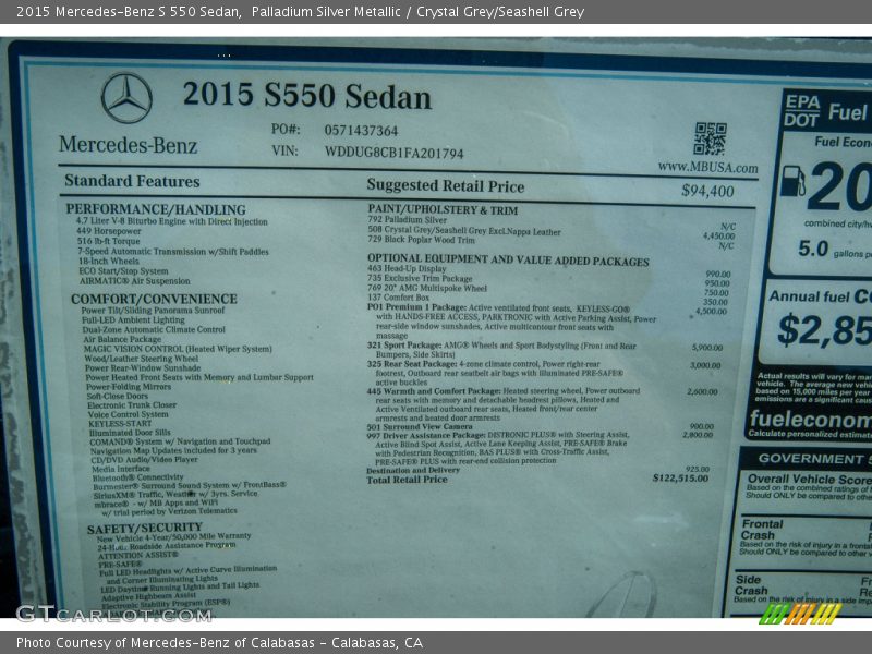  2015 S 550 Sedan Window Sticker