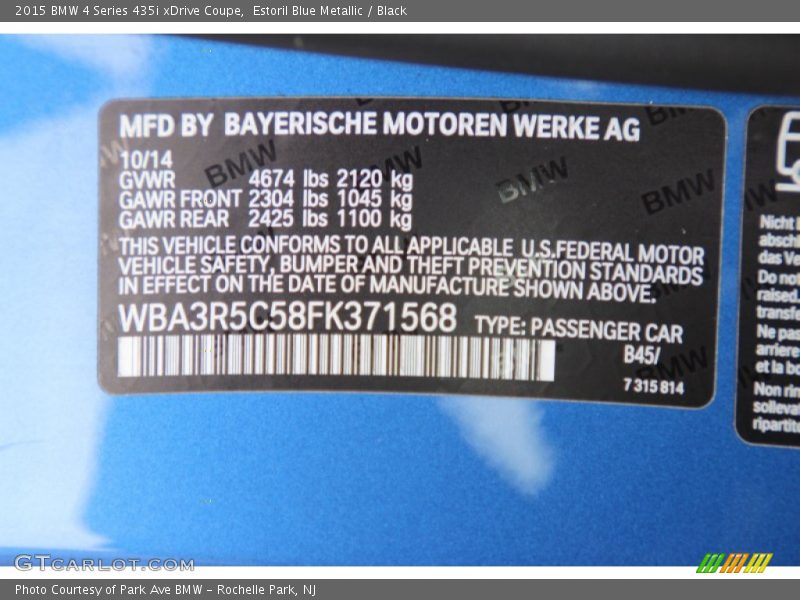 2015 4 Series 435i xDrive Coupe Estoril Blue Metallic Color Code B45