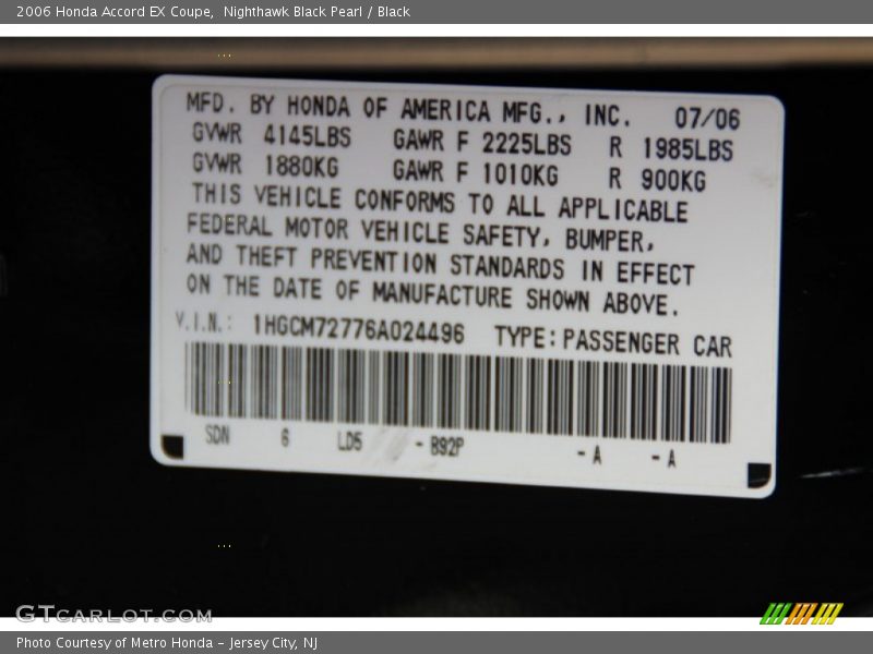 Nighthawk Black Pearl / Black 2006 Honda Accord EX Coupe