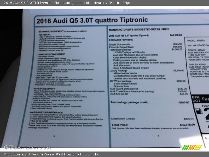  2016 Q5 3.0 TFSI Premium Plus quattro Window Sticker