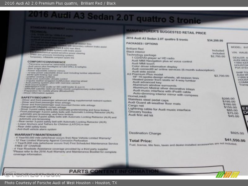  2016 A3 2.0 Premium Plus quattro Window Sticker