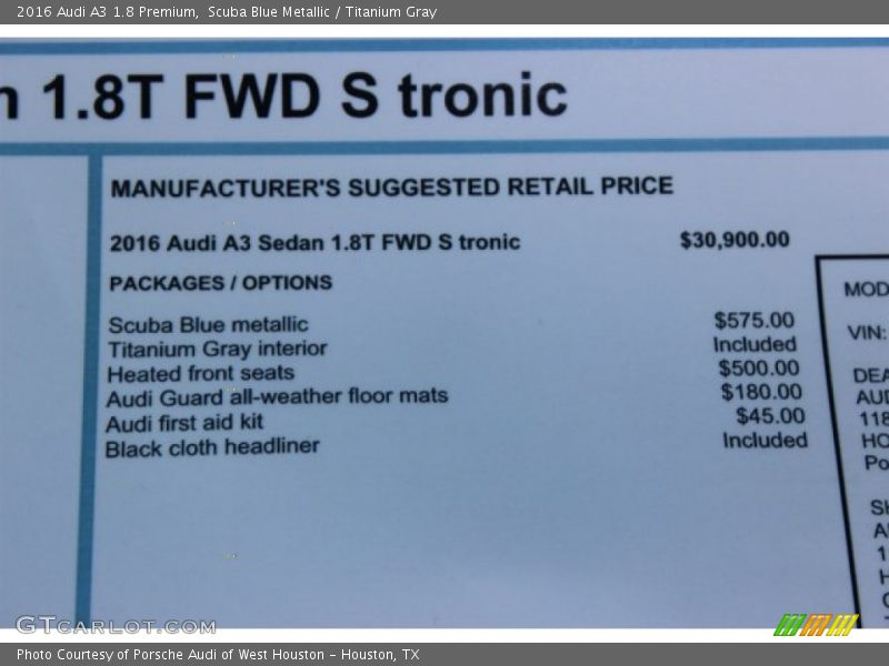  2016 A3 1.8 Premium Window Sticker